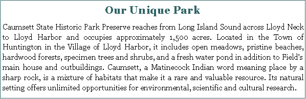 Text Box: Our Unique ParkCaumsett State Historic Park Preserve reaches from Long Island Sound across Lloyd Neck to Lloyd Harbor and occupies approximately 1,500 acres. Located in the Town of Huntington in the Village of Lloyd Harbor, it includes open meadows, pristine beaches, hardwood forests, specimen trees and shrubs, and a fresh water pond in addition to Fields main house and outbuildings. Caumsett, a Matinecock Indian word meaning place by a sharp rock, is a mixture of habitats that make it a rare and valuable resource. Its natural setting offers unlimited opportunities for environmental, scientific and cultural research.