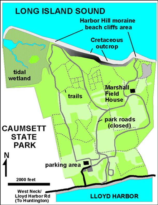 Trail map for Caumsett State Park, Long Island Sound, New York